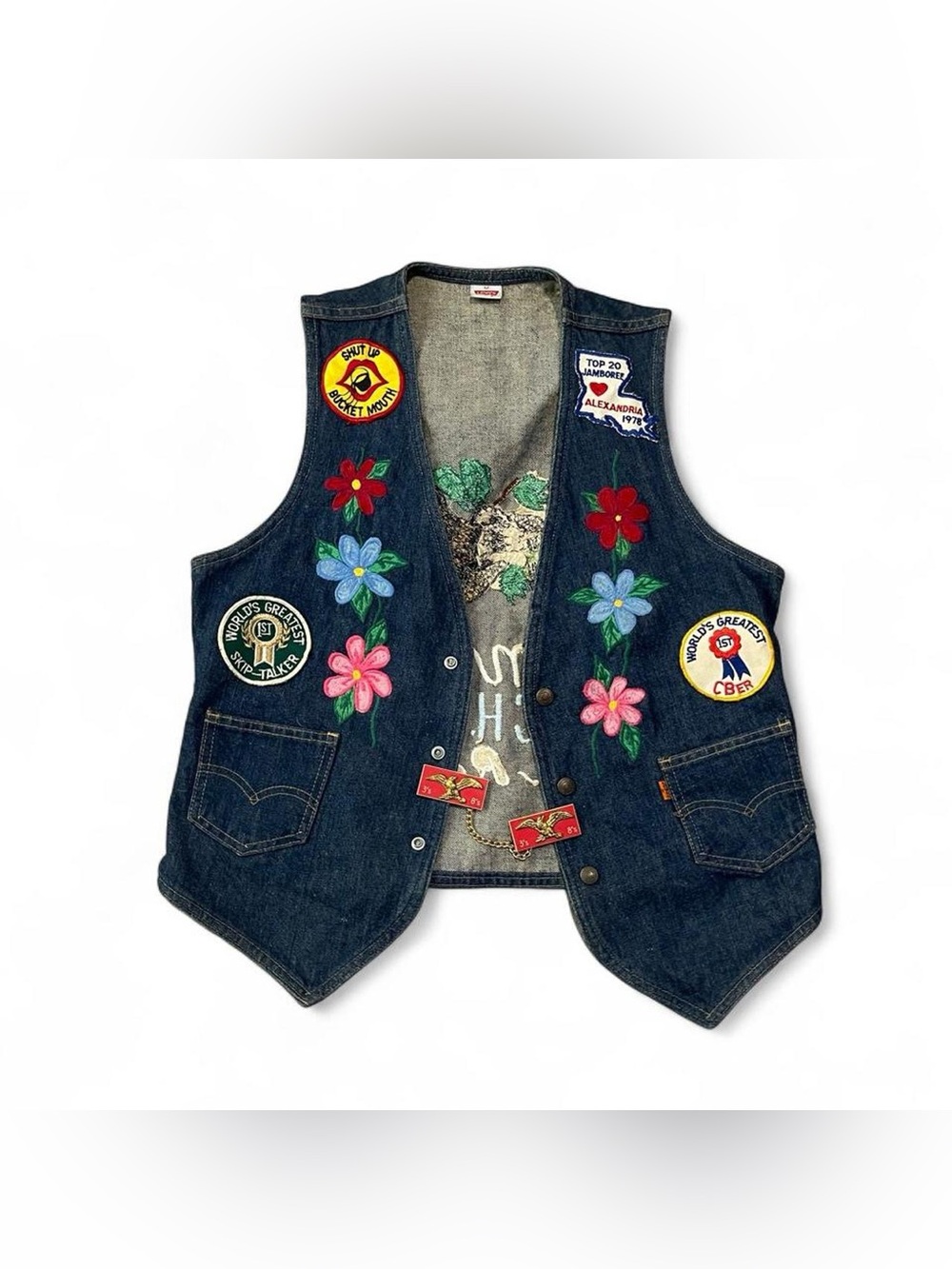 True Vintage 70s Levi’s Denim Vest W/ Embroidered Flowers & Patches RARE